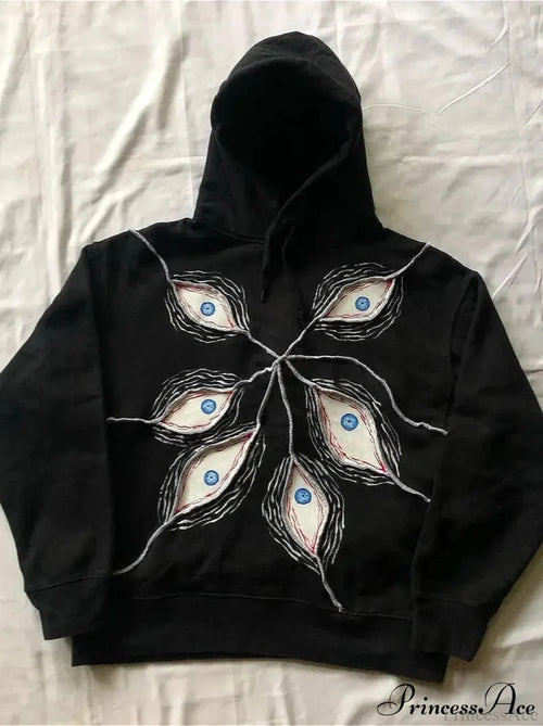 Evil Eye Patterned Dark Gothic Hip Hop Hoodie Black / S