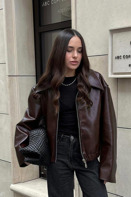 Fashion PU Leather Biker Jacket Brown / S
