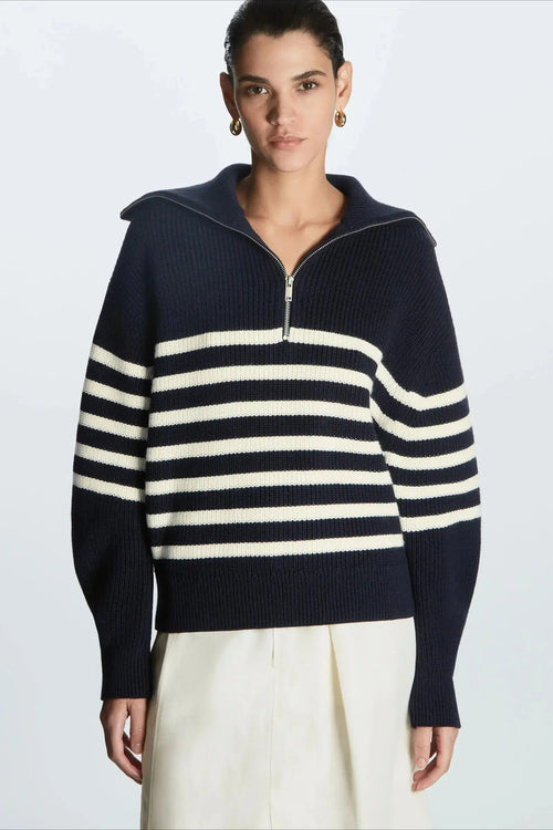 Fashion Wool Blend Open Collar Sweater Black Stripes / XS