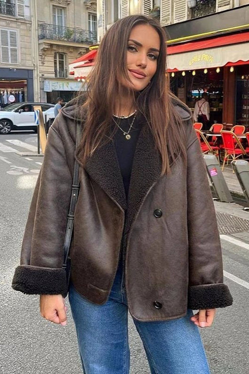 Faux Shearling Lined Loose Jacket Brown / XS