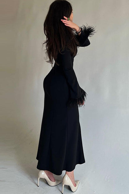 Feather Trim Bodycon Maxi Dress