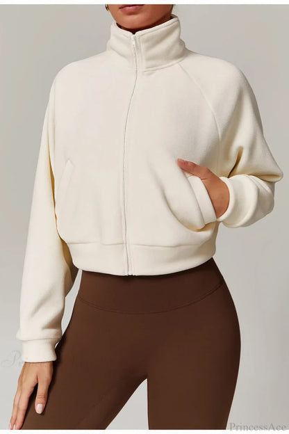 Fleece Athletic Stand Collar Zip Yoga Jacket Off-white / S