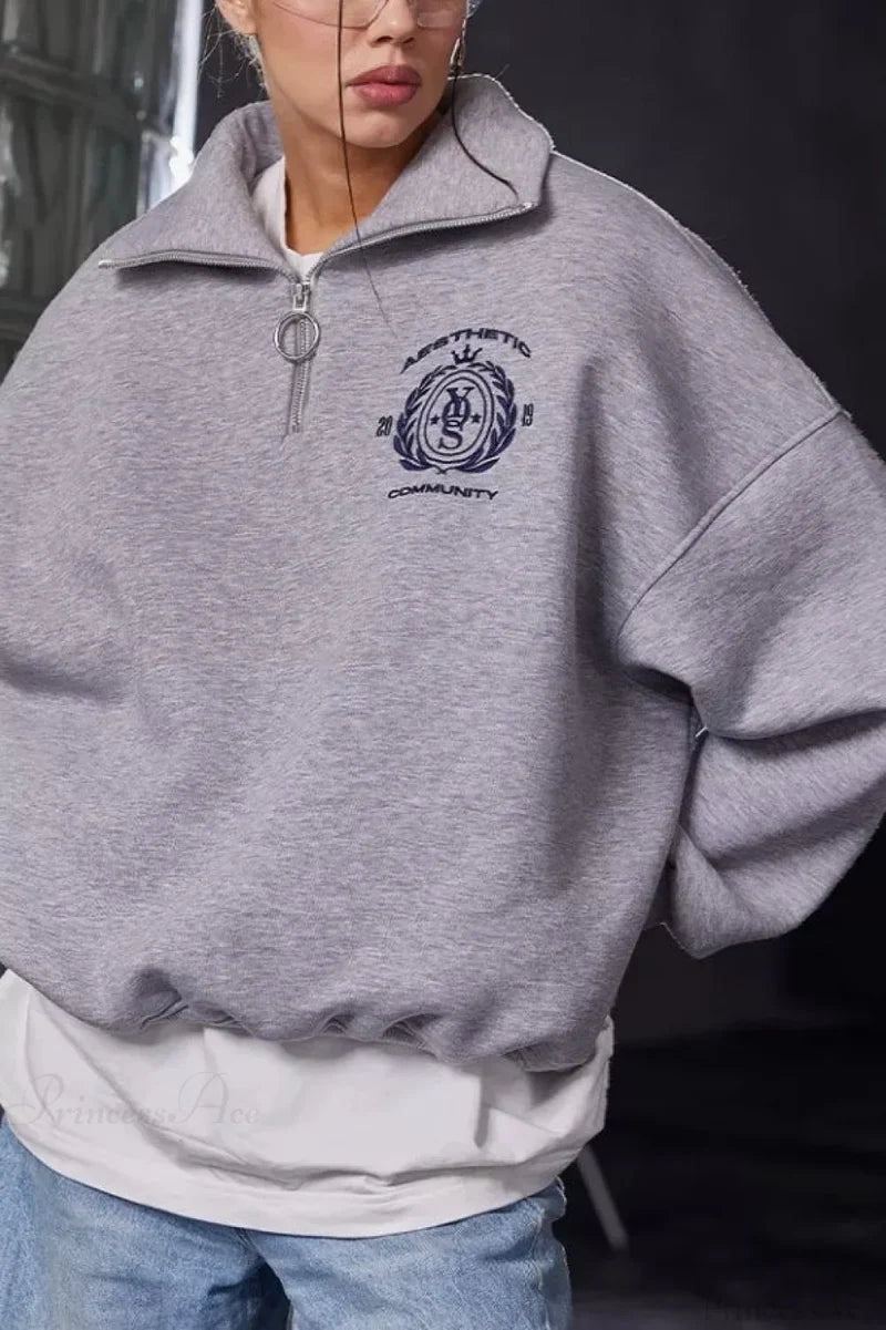 Fleece-Lined Letter Embroidery Stand Collar Half-Zip Sweatshirts Grey / S
