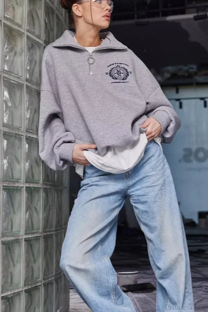 Fleece-Lined Letter Embroidery Stand Collar Half-Zip Sweatshirts