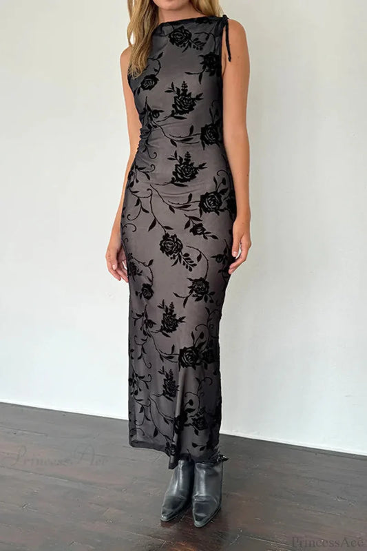 Flocked Mesh Sleeveless Bodycon Maxi Dress Black / S