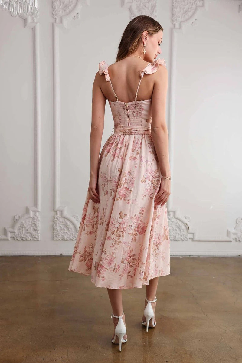 Floral Print Waist Tie Cami Midi Dress
