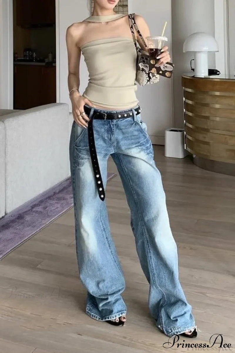 Frayed Whisker Vintage Relaxed Straight Jeans Tall blue / XS