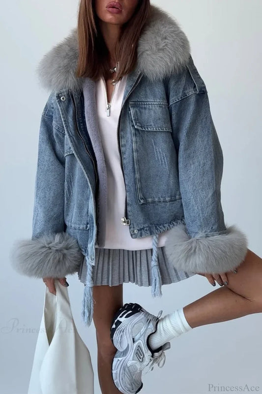 Fuzzy Denim Loose Street Large Pocket Jacket Blue / S
