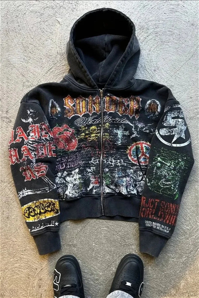 Gothic Punk Streetwear Hoodie Black / S