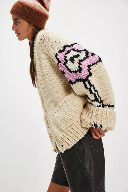 Graphic Print Cardigan One Size / Beige