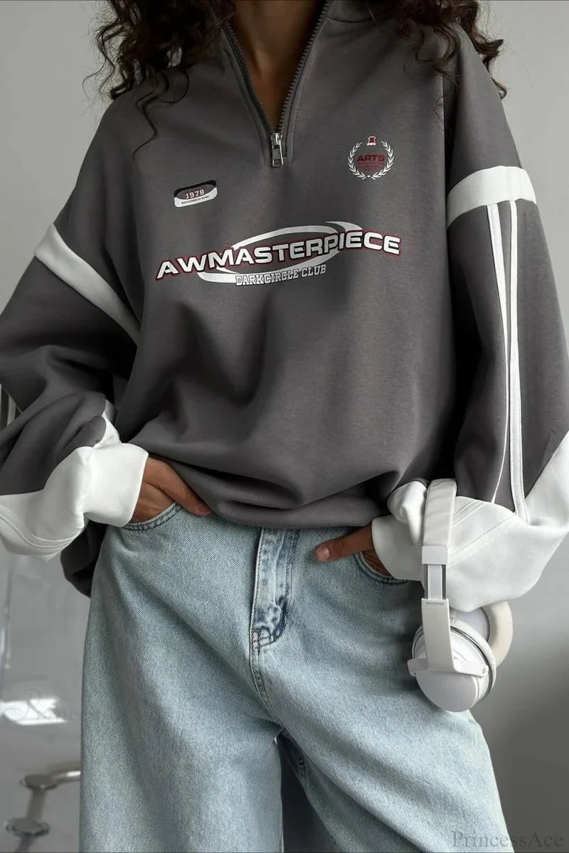 Half-Zip Stand Collar Letter Print Hoodie Dark Gray / S