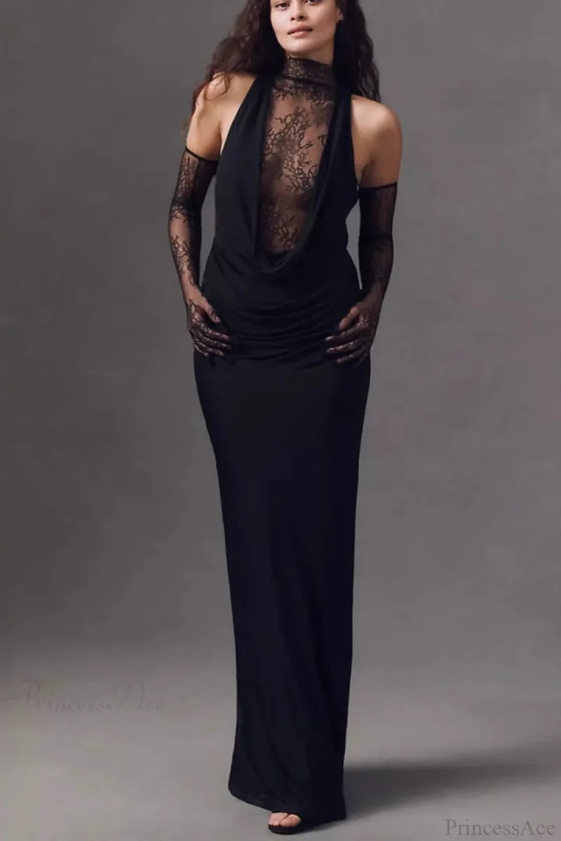 Halter Lace Paneled Deep V Ruched Wedding Dress