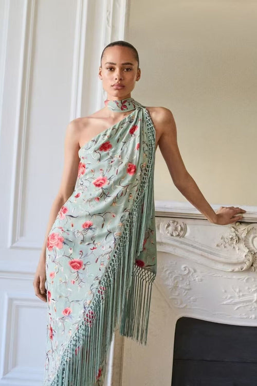 Halter Neck Printed Fringe Boho Dress