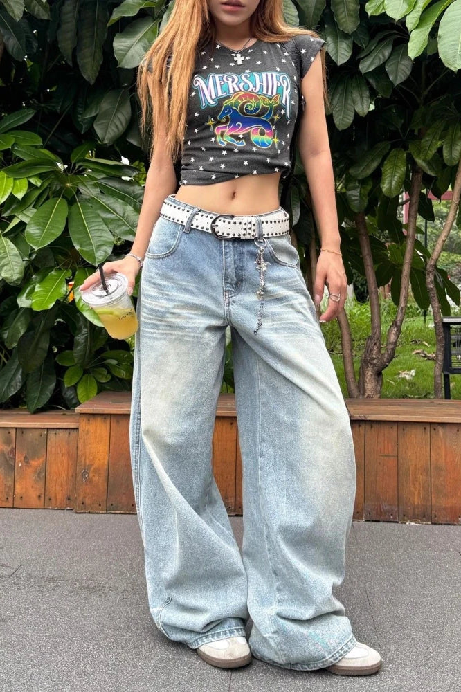 High Waist Embroidered Wide Leg Jeans Blue / S