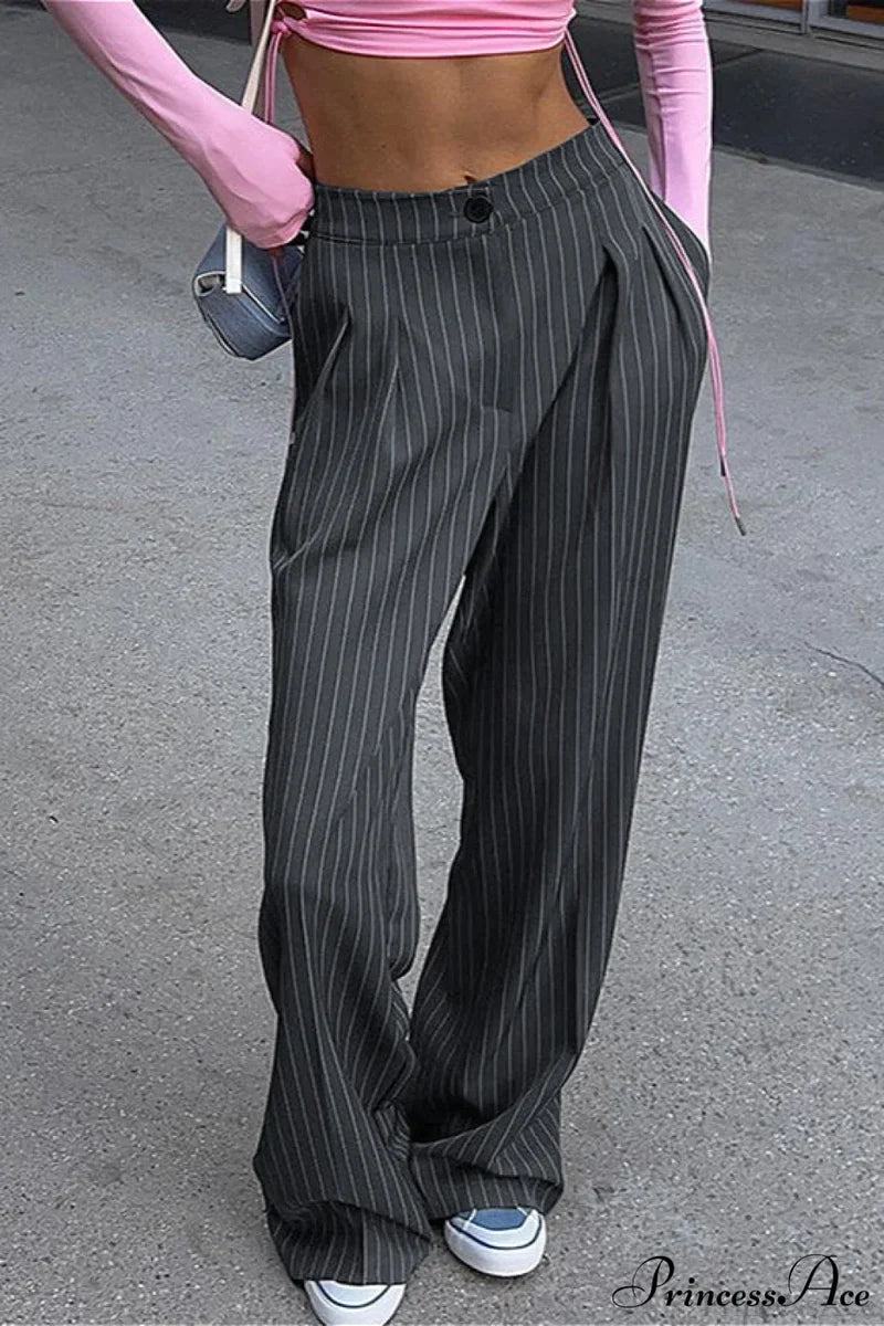 High Waist Wide Leg Stripe Tailored Pants Grey / S