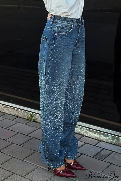 High Waisted Allover Rhinestone Straight Leg Jeans Blue / S