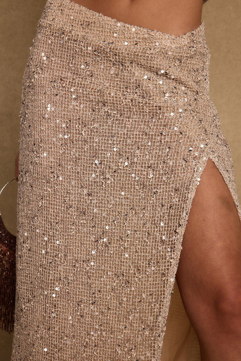 Ibiza Champagne Sequin Maxi Skirt styled in a complete look from an alternate angle.