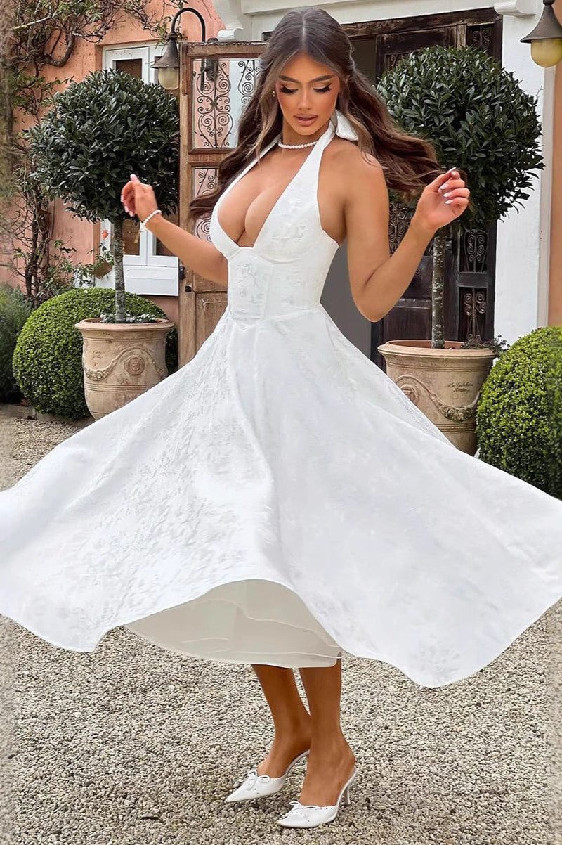 Jacquard Halter V-Neck Party Dress