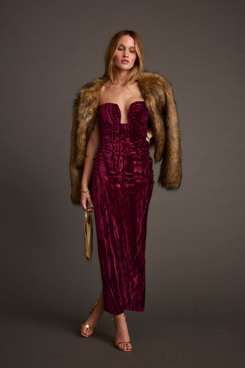 Close-up of the Jones Mulberry Maxi Dress showcasing the fabric texture and design details.