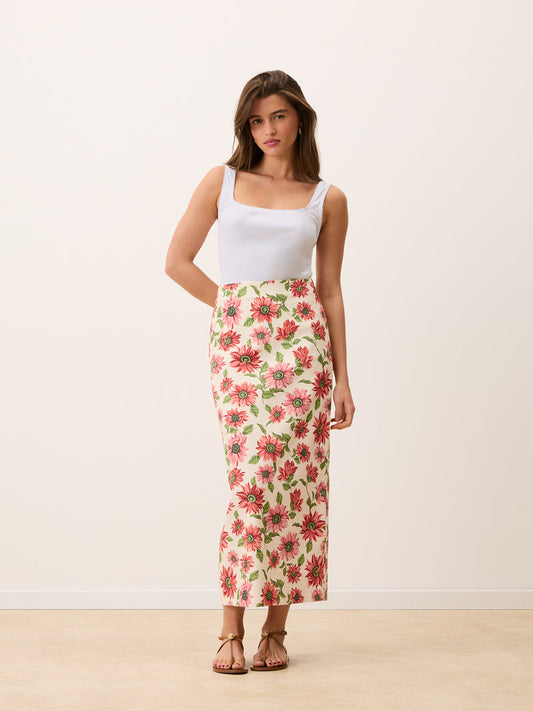 FRANCINE ecru Sunflower floral print long tube skirt, front view by Rouje
