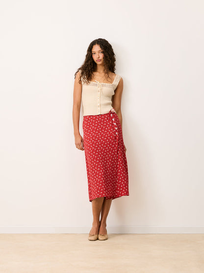 GLORIA Arlesienne red print midi wrap skirt, front view by Rouje