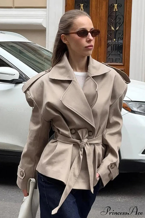 Khaki Long Sleeve Tie Waist Collar Trench Coat Khaki / S