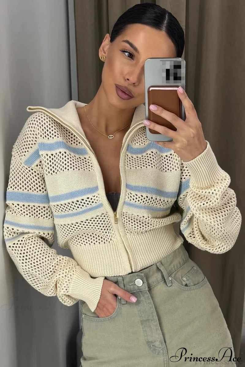 Knitted Cutout Zip Slim-Fit Design Hoodie Beige / S