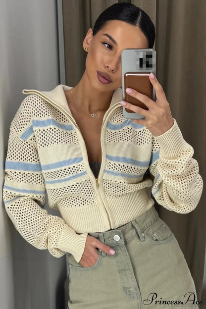 Knitted Cutout Zip Slim-Fit Design Hoodie Beige / S