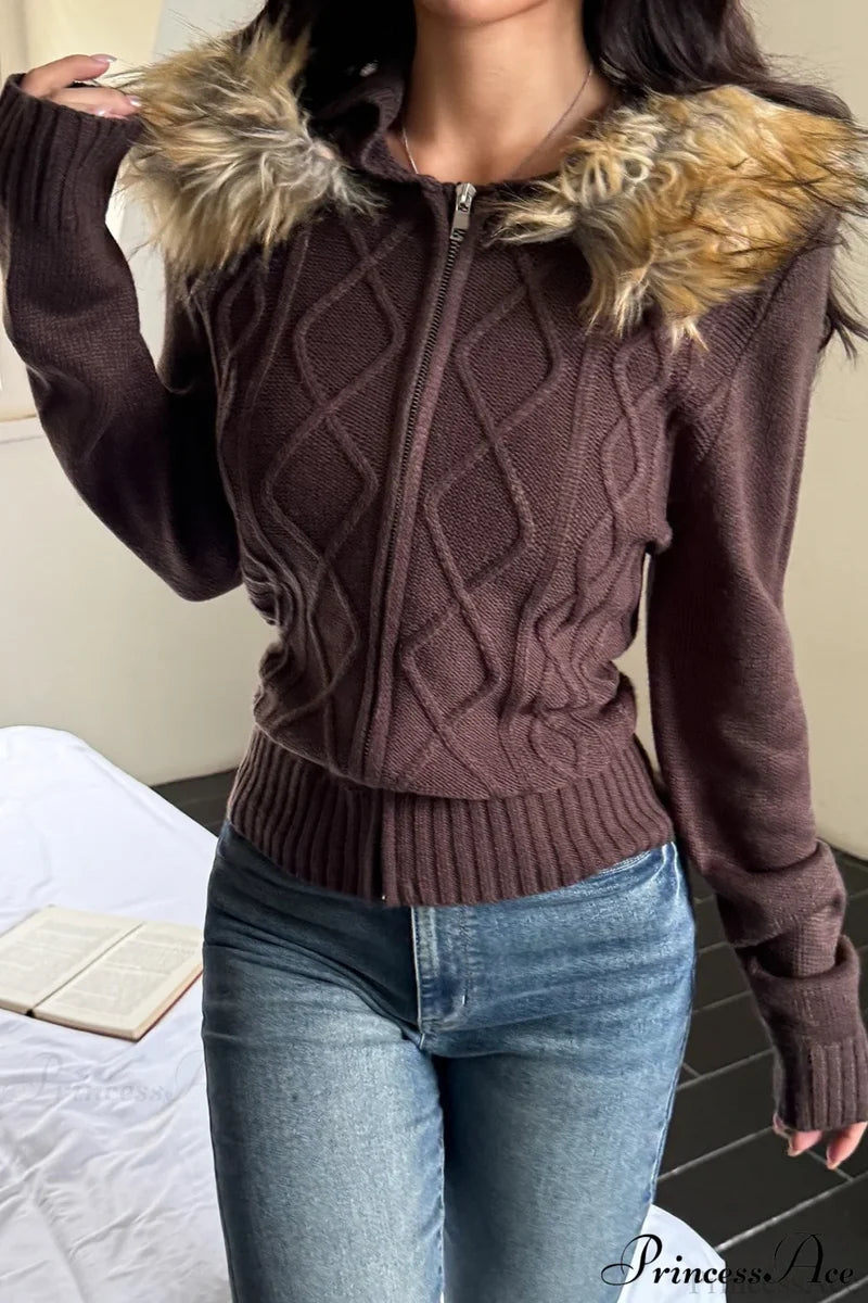 Knitted Fleece Collar Waist-Cinched Zip Hoodie Brown / S