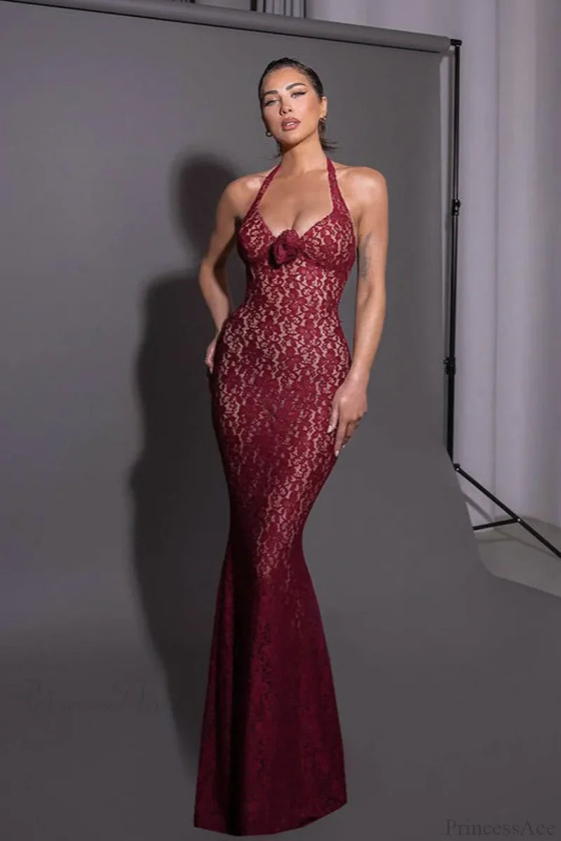 Lace Fitted Halter Bodycon Maxi Dress