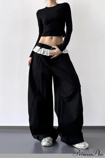 Lace Panel High Waist Wide Leg Jeans