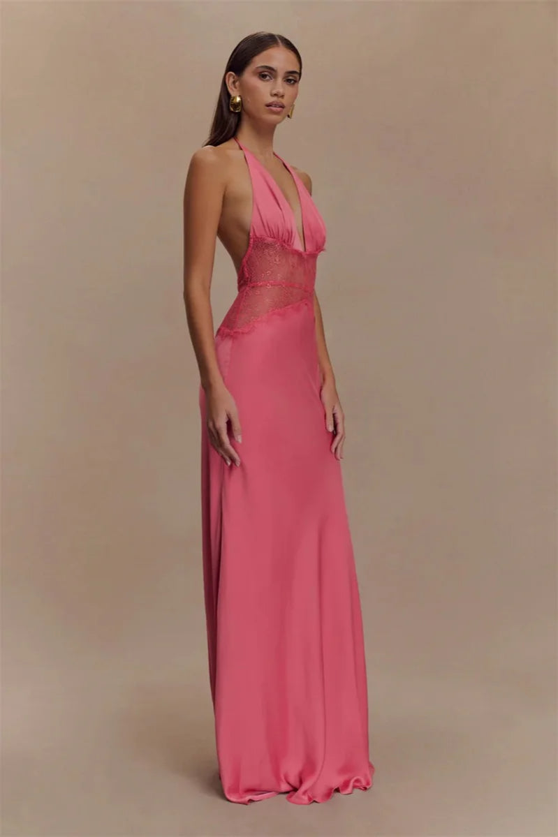 Lace Patchwork Backless Halter Boho Dress Pink / S