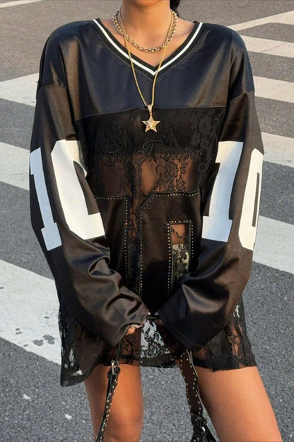 Lace Sheer V Neck Print Sweatshirt