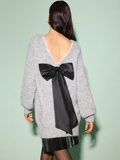 Lace Trim Bow Decor Draped Sweater Sweaters