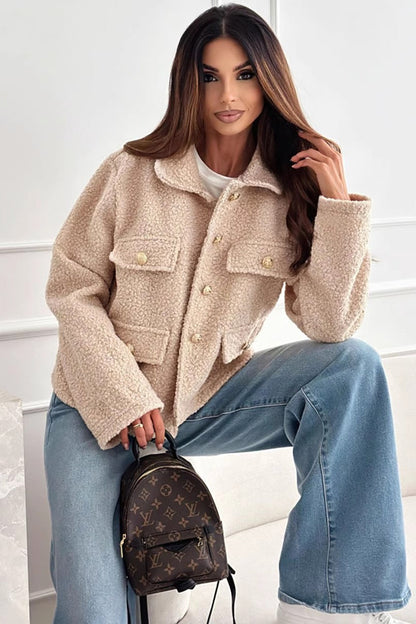 Lapel Button Sherpa Long Sleeve Coat coats