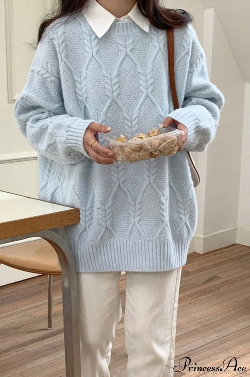 Lazy Style Candy-Colored Cable-Knit Sweater Blue / One Size