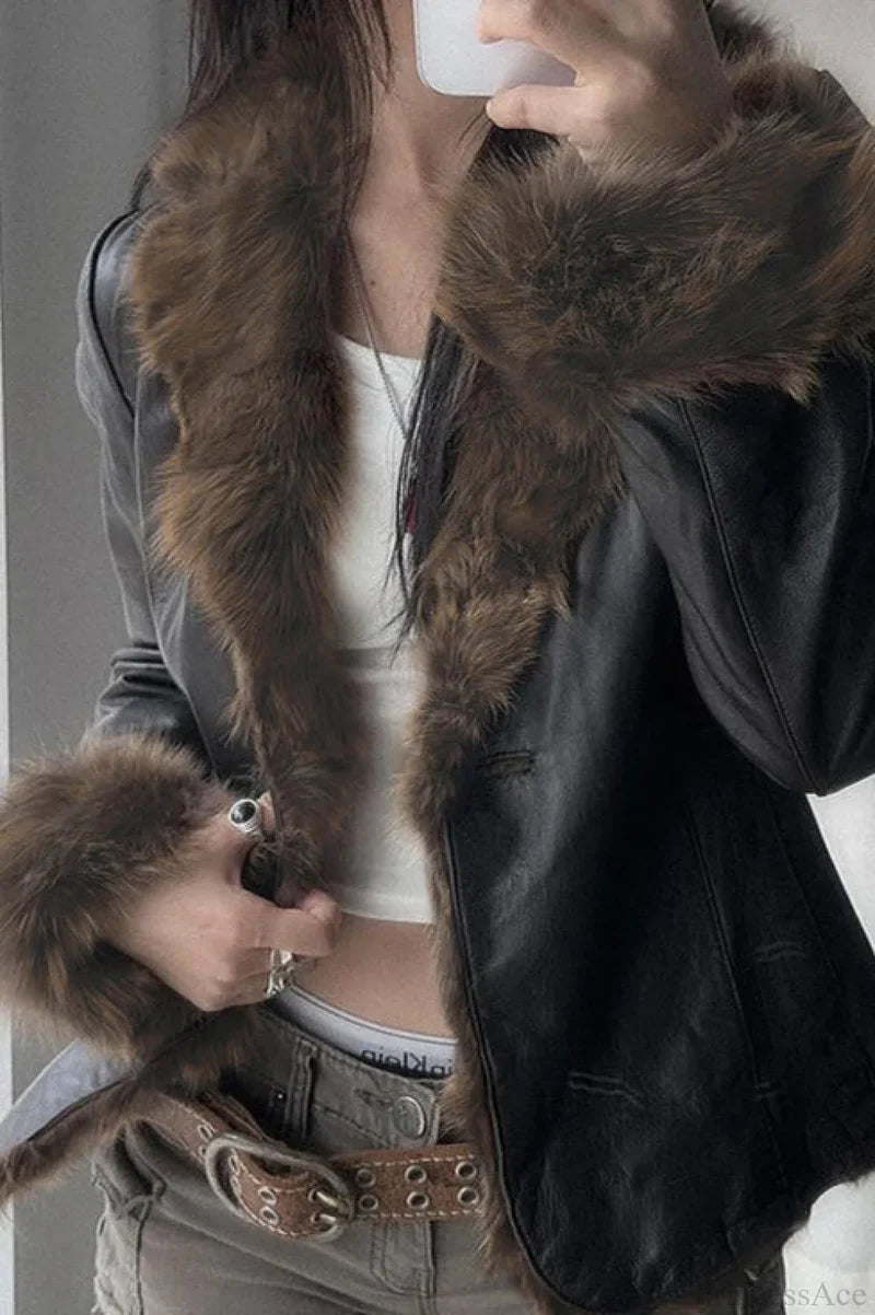 Leather Faux Fur Panel Collared Fitted Warm Coat Black / S