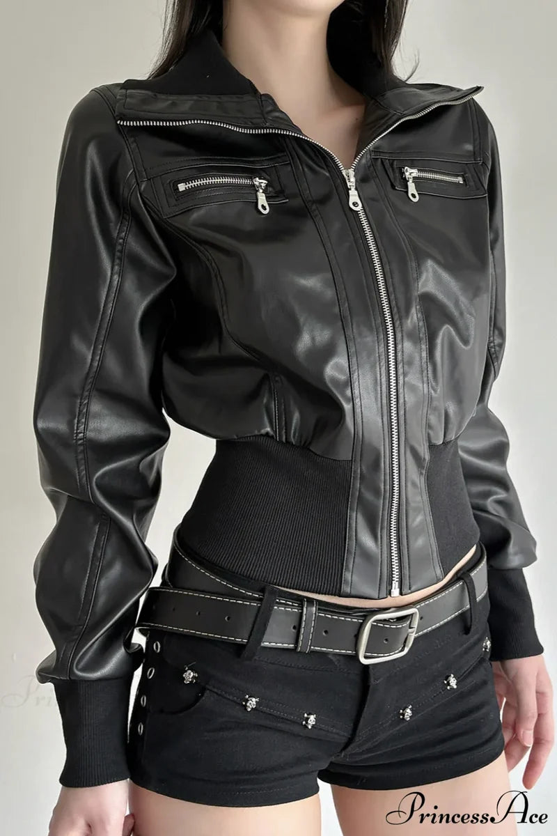 Leather Pocket Patchwork Dark Utility Jacket Black / S