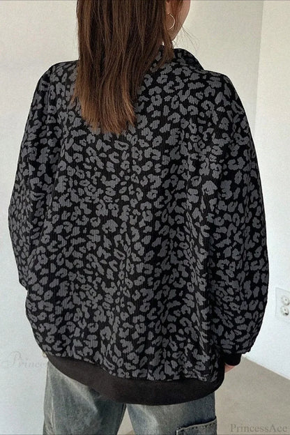 Leopard Print Half-Zip V-Neck Long Sleeve Sweatshirt