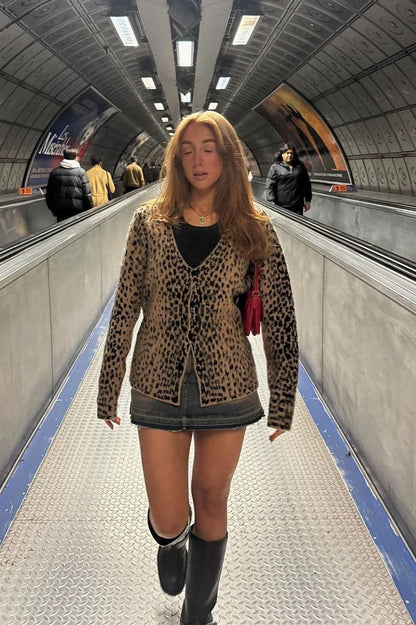 Leopard Print V Neck Knit Blouse