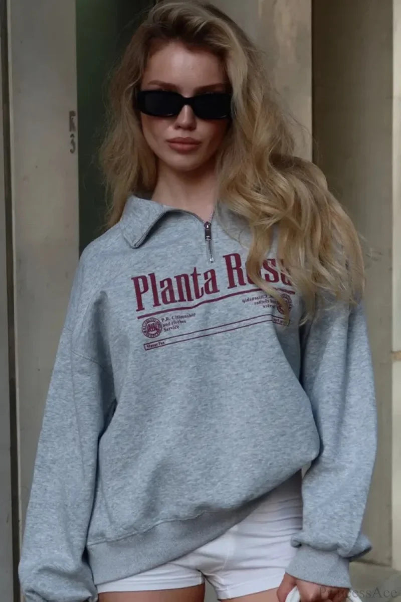 Letter Print Relaxed Convertible Collar Half-Zip Sweatshirt Light gray / S