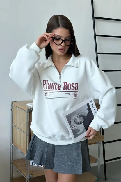 Letter Print Relaxed Convertible Collar Half-Zip Sweatshirt White / S