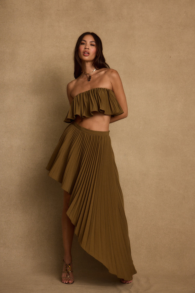 Detail shot of the Lima Olive Asymmetrical Midi Skirt highlighting the design elements.