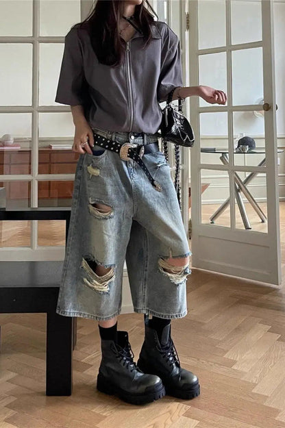 Loose Ripped Capri Wide Leg Jeans Blue / S