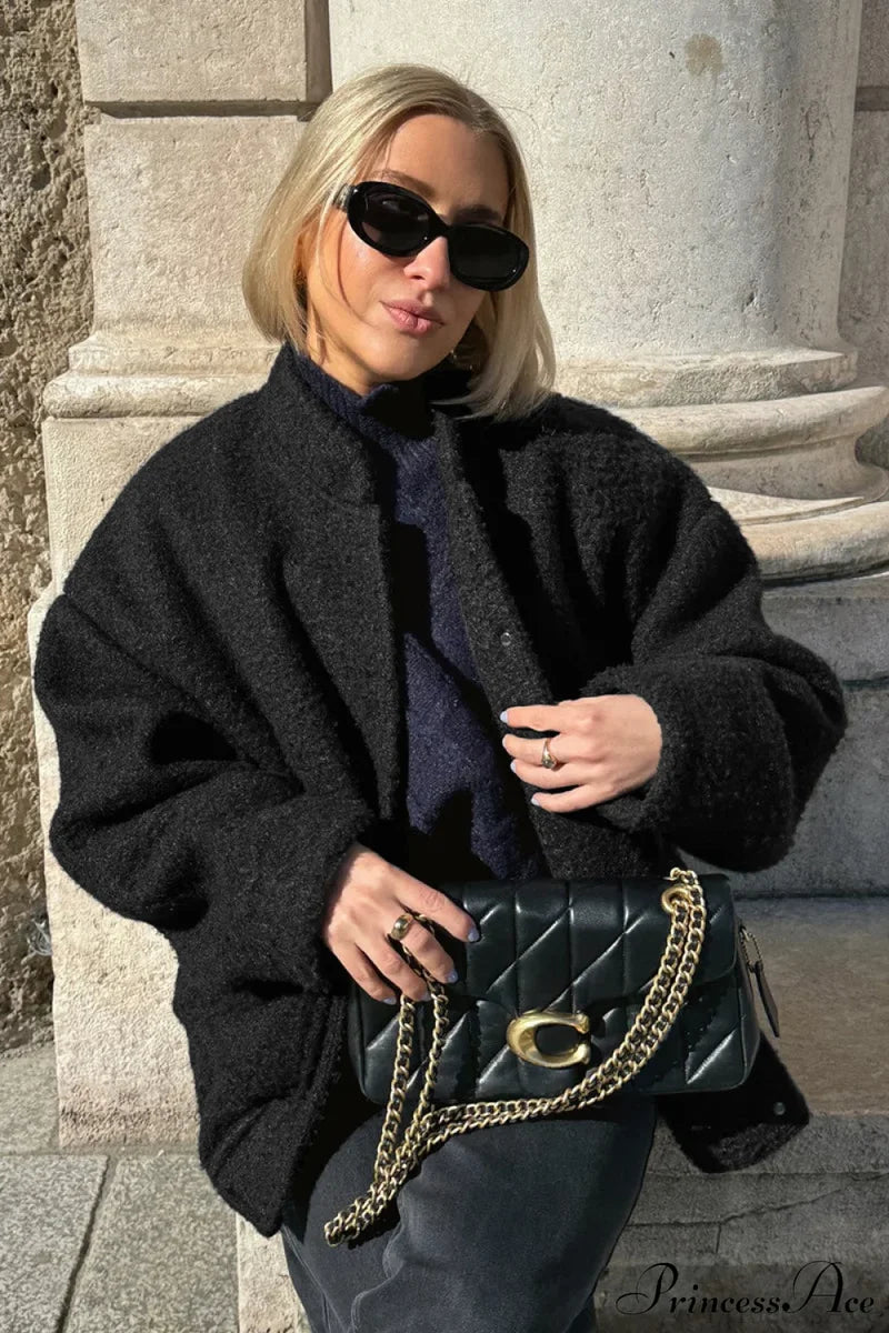 Loose Stand Collar Textured Wool Casual Coat