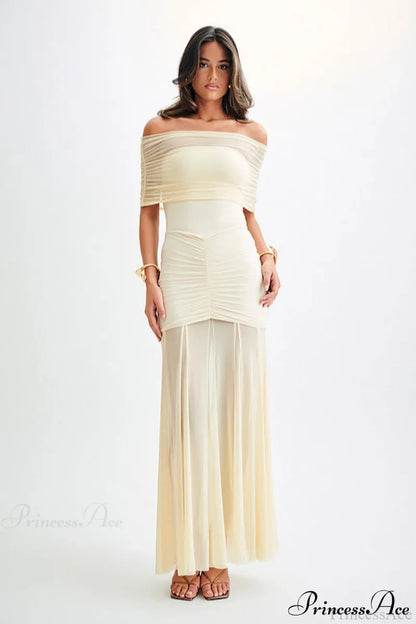 Mesh Panel Strapless Elegant Bodycon Party Dress Off-White / XS