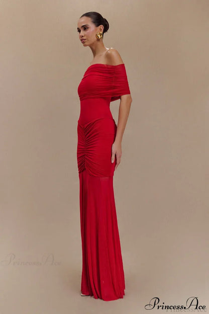 Mesh Panel Strapless Elegant Bodycon Party Dress Red / XS