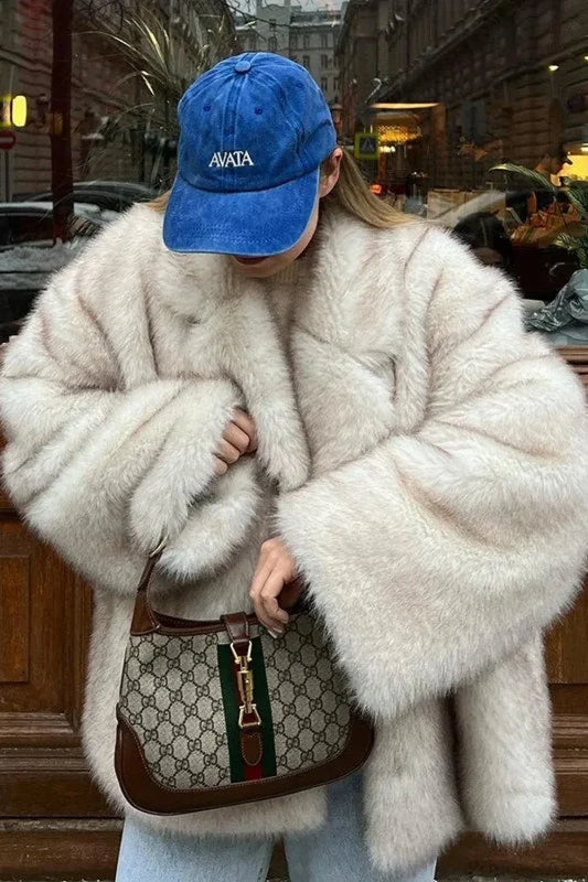 Minimalist Solid Color Plush Tip-Dyed Faux Fox Fur Oversized Coat White / S