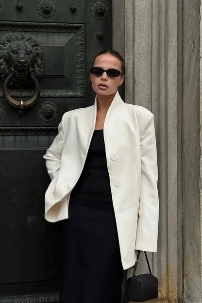 Minimalist White V-Neck Elegant Relaxed Coat White / S