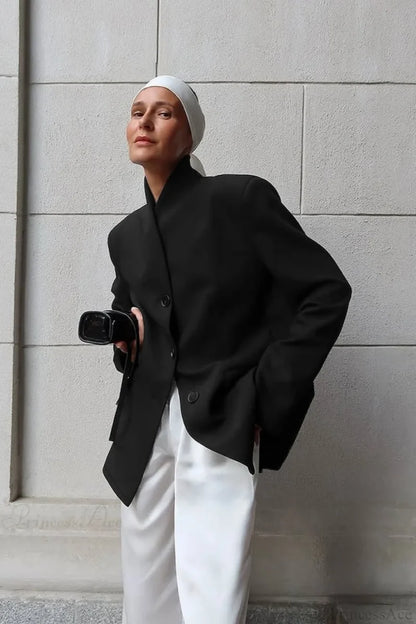 Minimalist White V-Neck Elegant Relaxed Coat Black / S